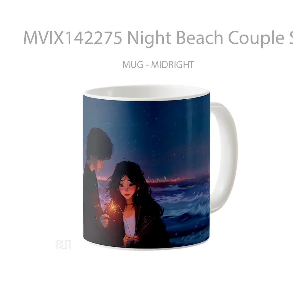 Mug Night Beach Couple Sparkler Digital Ar Gelas Pemandangan Alam - All-side / Desain