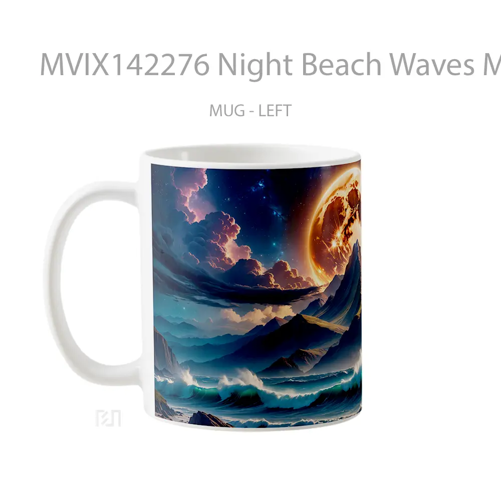 Mug Night Beach Waves Mountain Moon Clouds Scenery Digital Art Gelas Pemandangan Alam - All-side / Desain