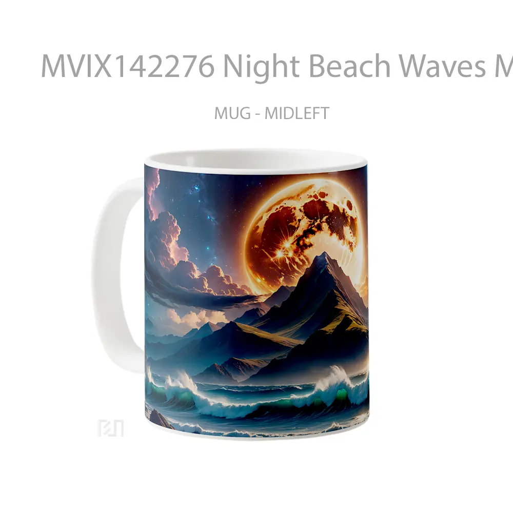 Mug Night Beach Waves Mountain Moon Clouds Scenery Digital Art Gelas Pemandangan Alam - All-side / Desain