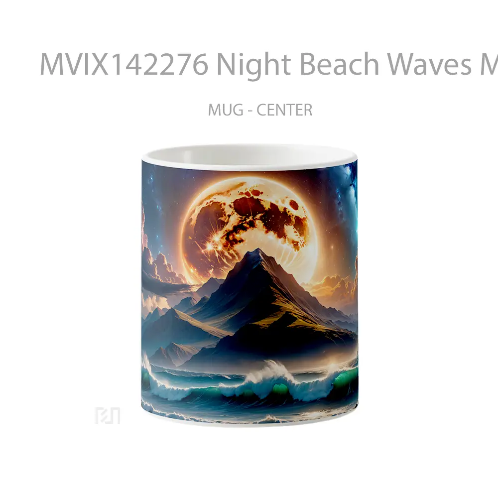 Mug Night Beach Waves Mountain Moon Clouds Scenery Digital Art Gelas Pemandangan Alam