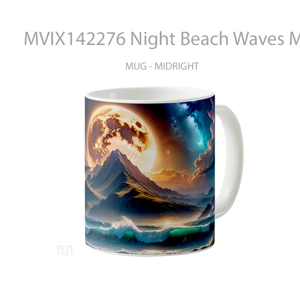 Mug Night Beach Waves Mountain Moon Clouds Scenery Digital Art Gelas Pemandangan Alam - All-side / Desain