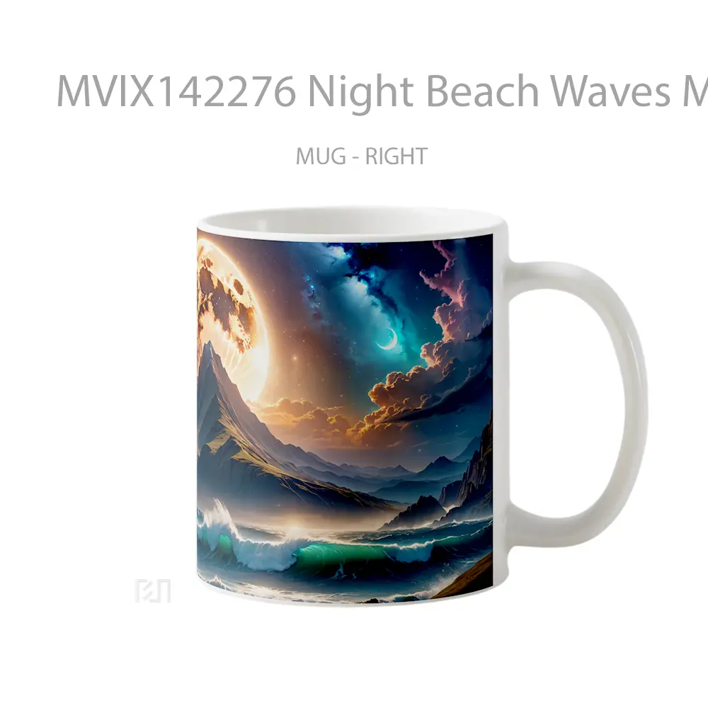 Mug Night Beach Waves Mountain Moon Clouds Scenery Digital Art Gelas Pemandangan Alam - All-side / Desain