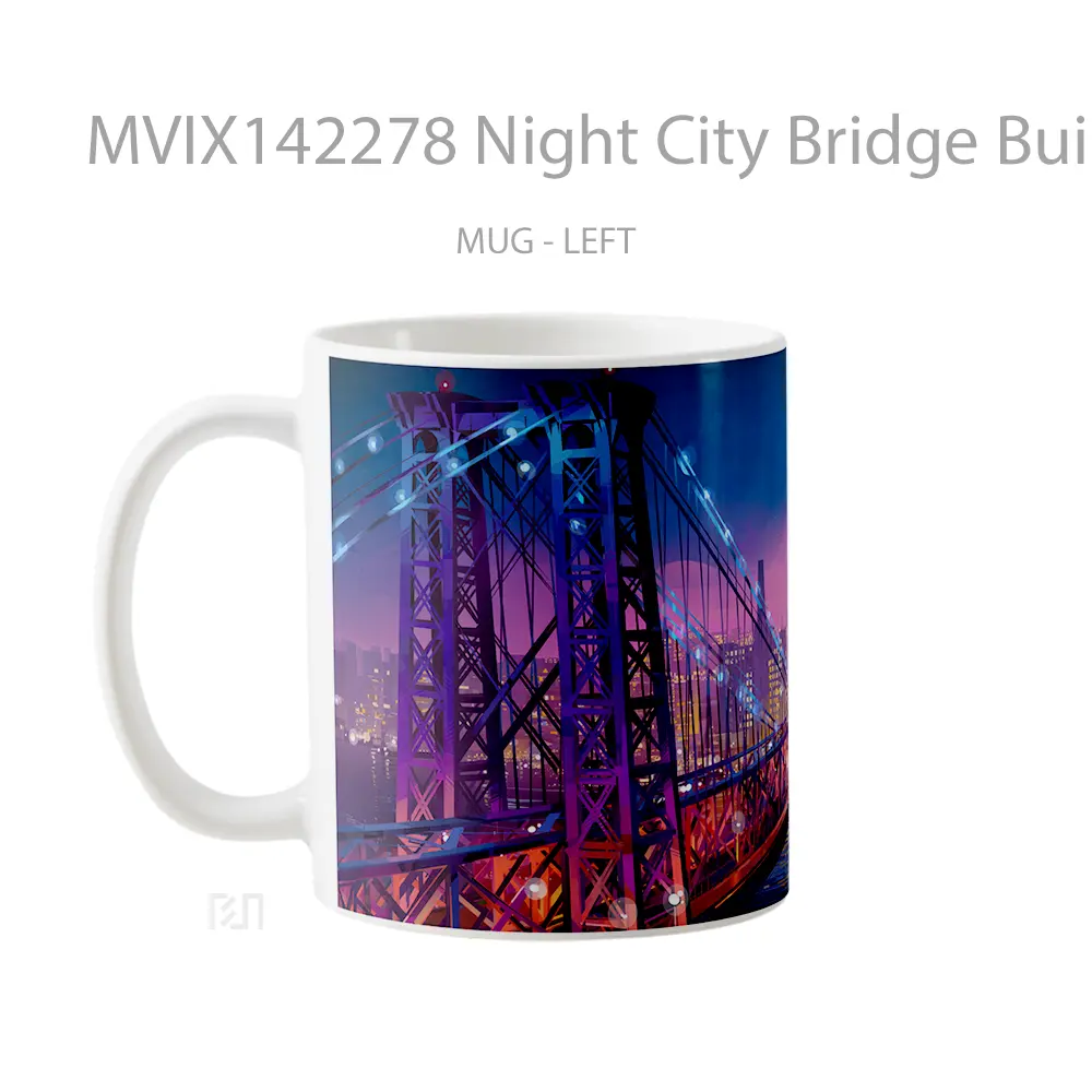 Mug Night City Bridge Buildings Cityscape Scenery Digital Art Gelas Keramik Unik - All-side / Desain