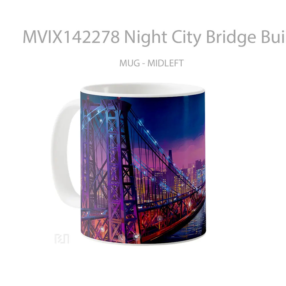 Mug Night City Bridge Buildings Cityscape Scenery Digital Art Gelas Keramik Unik - All-side / Desain