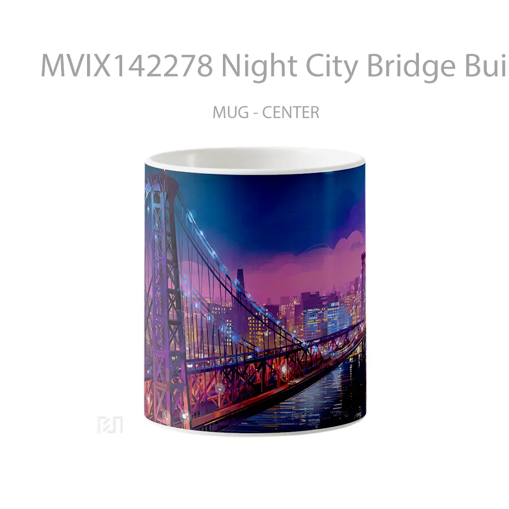 Mug Night City Bridge Buildings Cityscape Scenery Digital Art Gelas Keramik Unik