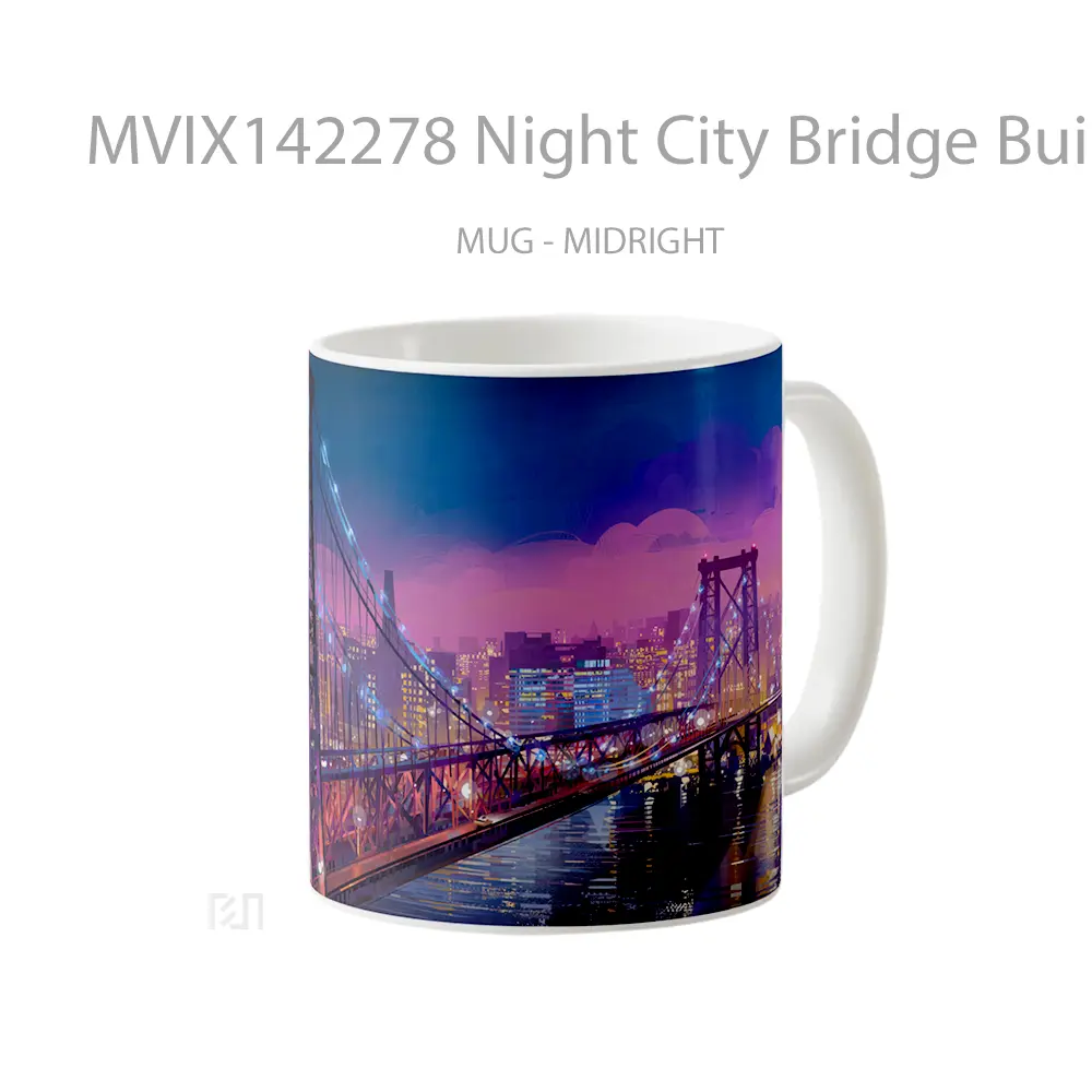 Mug Night City Bridge Buildings Cityscape Scenery Digital Art Gelas Keramik Unik - All-side / Desain