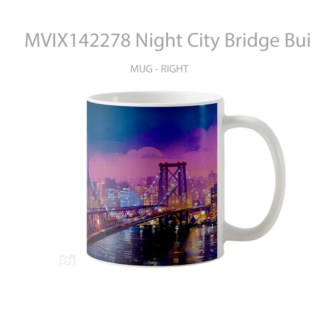 Mug Night City Bridge Buildings Cityscape Scenery Digital Art Gelas Keramik Unik - All-side / Desain