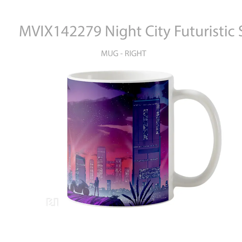 Mug Night City Futuristic Sci Fi City Digital Art Gelas Keramik Unik - All-side / Desain