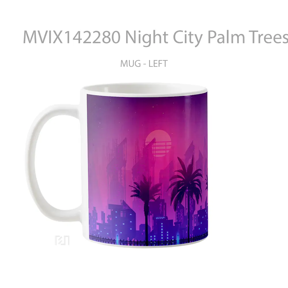 Mug Night City Palm Trees Car Digital Art Gelas Keramik Unik - All-side / Desain