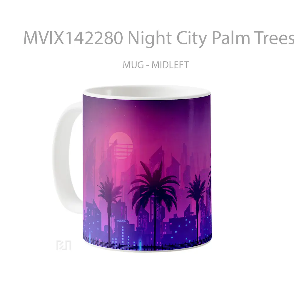 Mug Night City Palm Trees Car Digital Art Gelas Keramik Unik - All-side / Desain