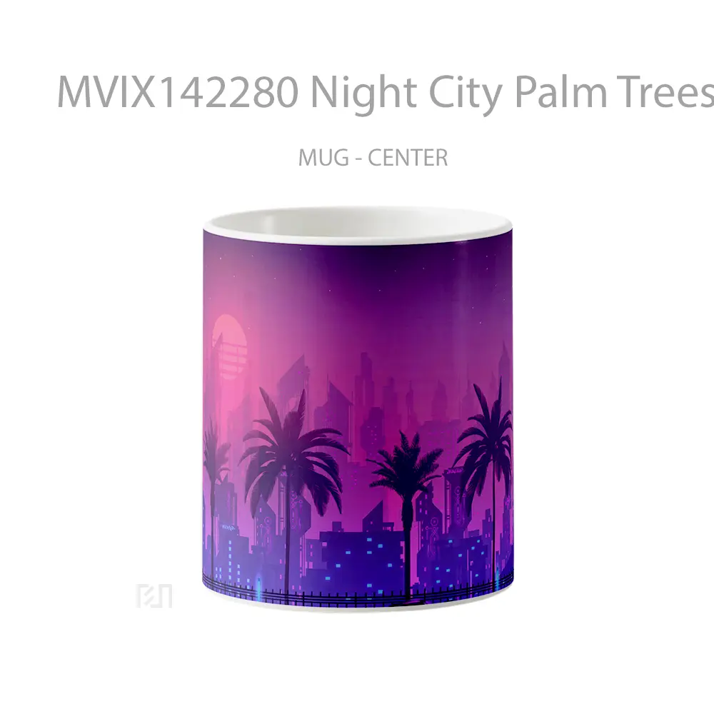 Mug Night City Palm Trees Car Digital Art Gelas Keramik Unik