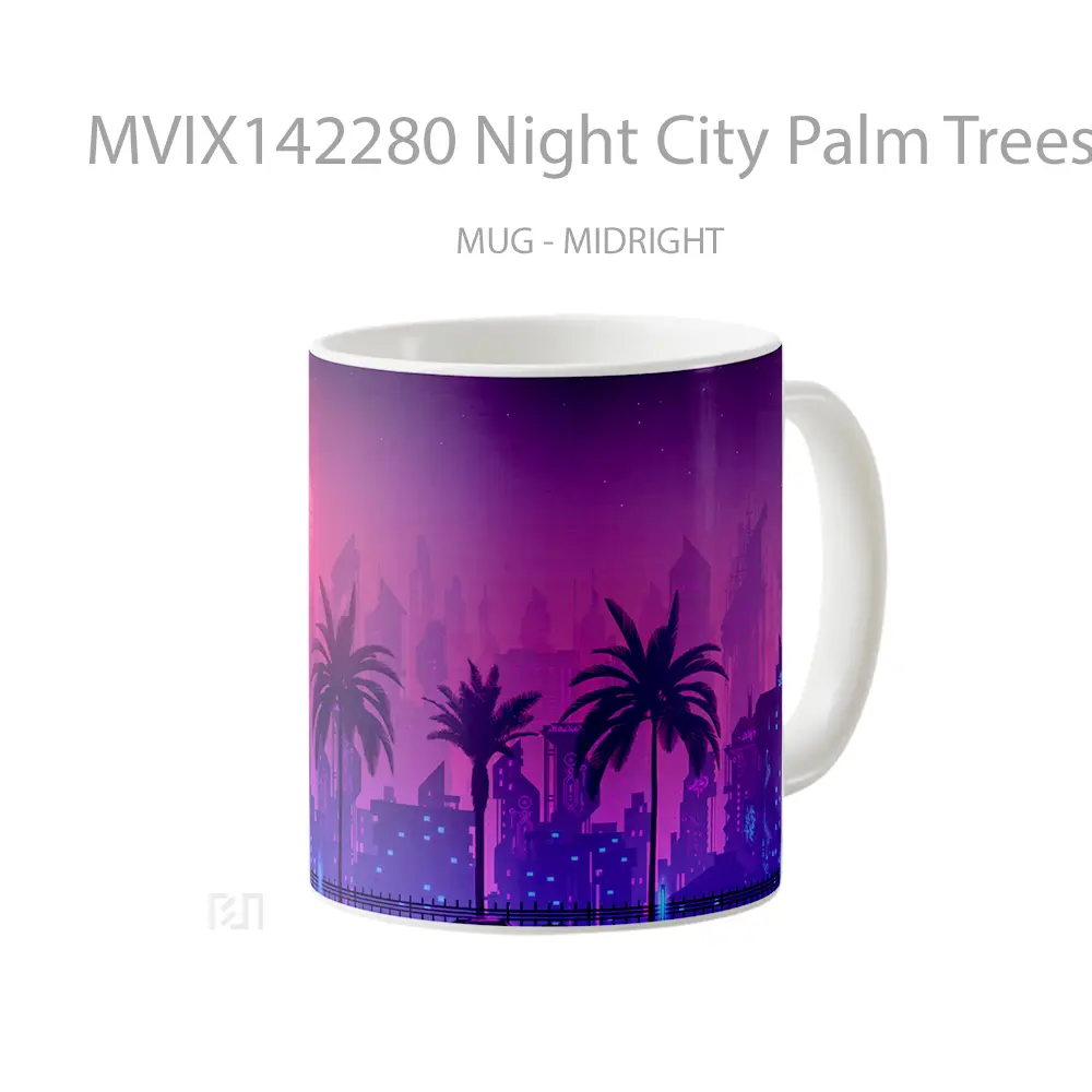 Mug Night City Palm Trees Car Digital Art Gelas Keramik Unik - All-side / Desain
