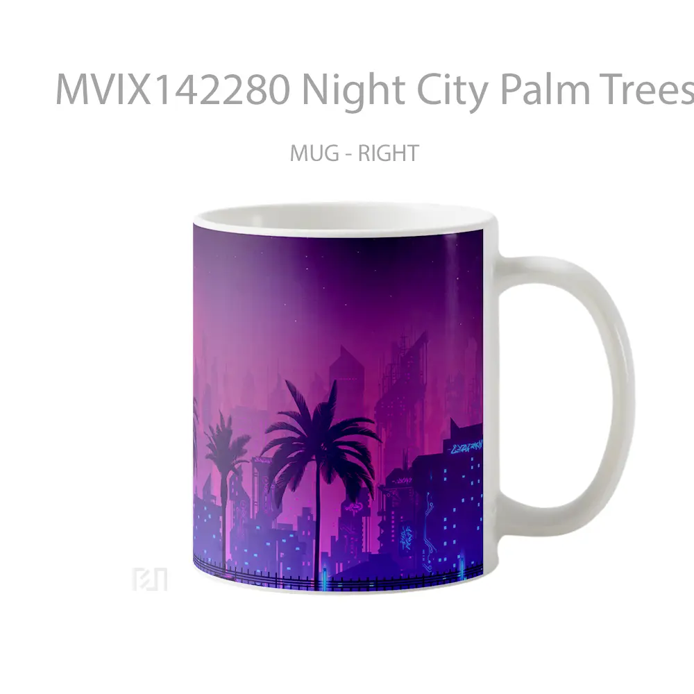 Mug Night City Palm Trees Car Digital Art Gelas Keramik Unik - All-side / Desain