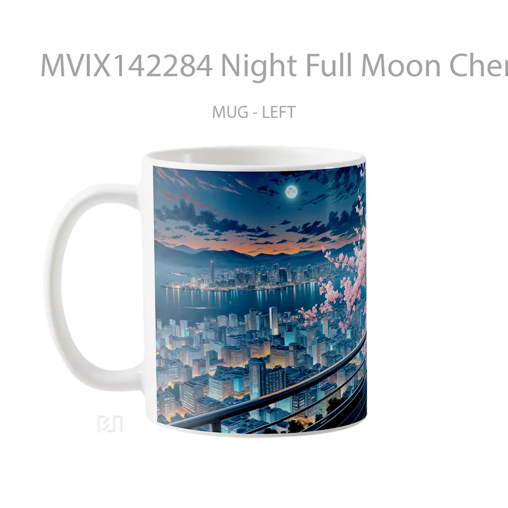Mug Night Full Moon Cherry Blossom City Art Scenery Gelas Keramik Unik - All-side / Desain