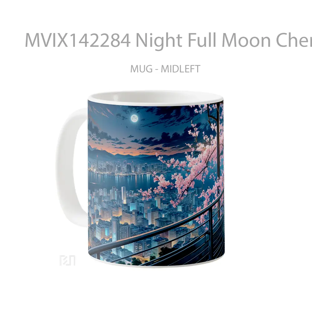 Mug Night Full Moon Cherry Blossom City Art Scenery Gelas Keramik Unik - All-side / Desain