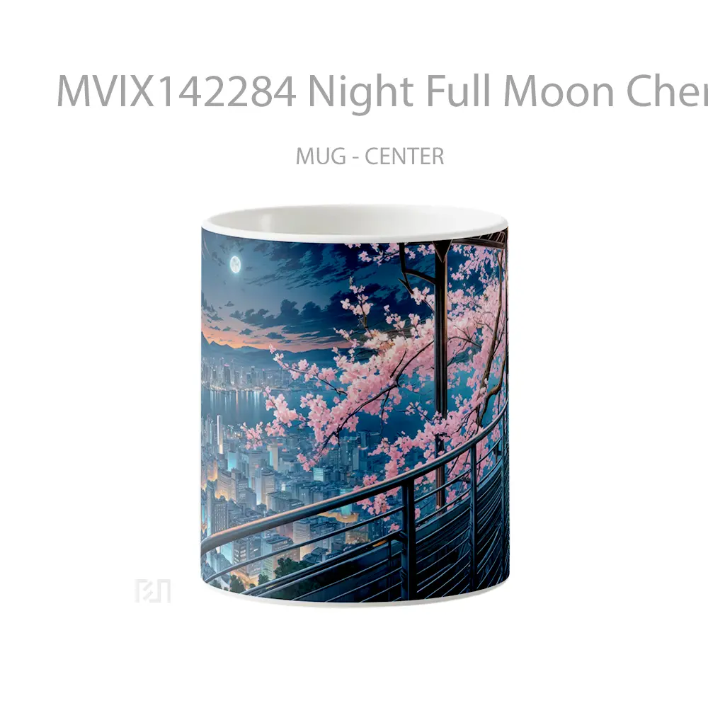 Mug Night Full Moon Cherry Blossom City Art Scenery Gelas Keramik Unik