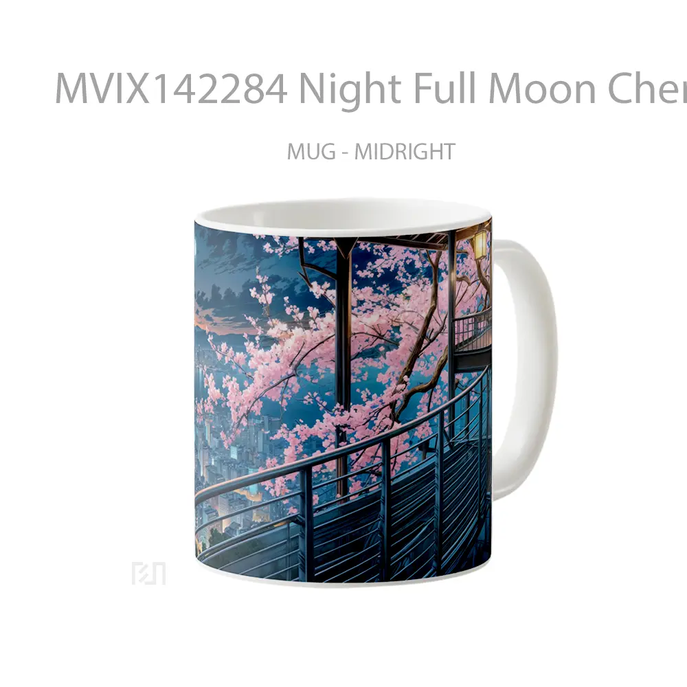 Mug Night Full Moon Cherry Blossom City Art Scenery Gelas Keramik Unik - All-side / Desain