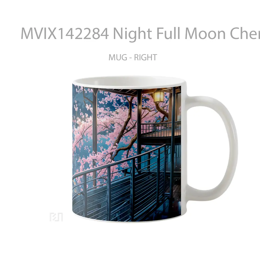 Mug Night Full Moon Cherry Blossom City Art Scenery Gelas Keramik Unik - All-side / Desain