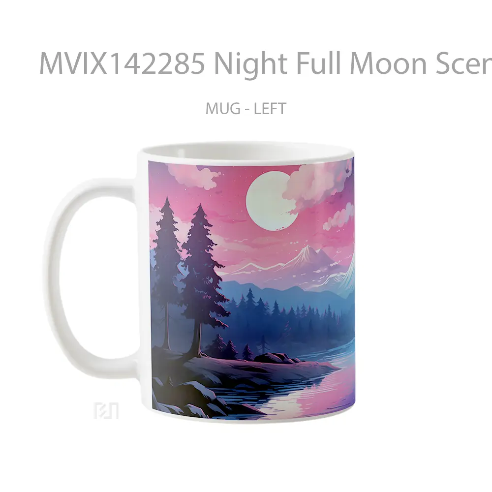 Mug Night Full Moon Scenery River Snowy Mountain Gelas Pemandangan Alam - All-side / Desain