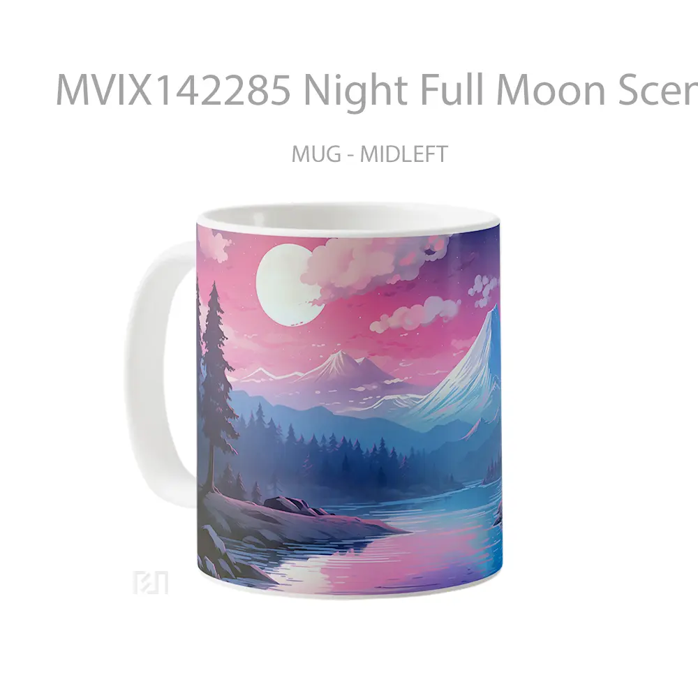 Mug Night Full Moon Scenery River Snowy Mountain Gelas Pemandangan Alam - All-side / Desain