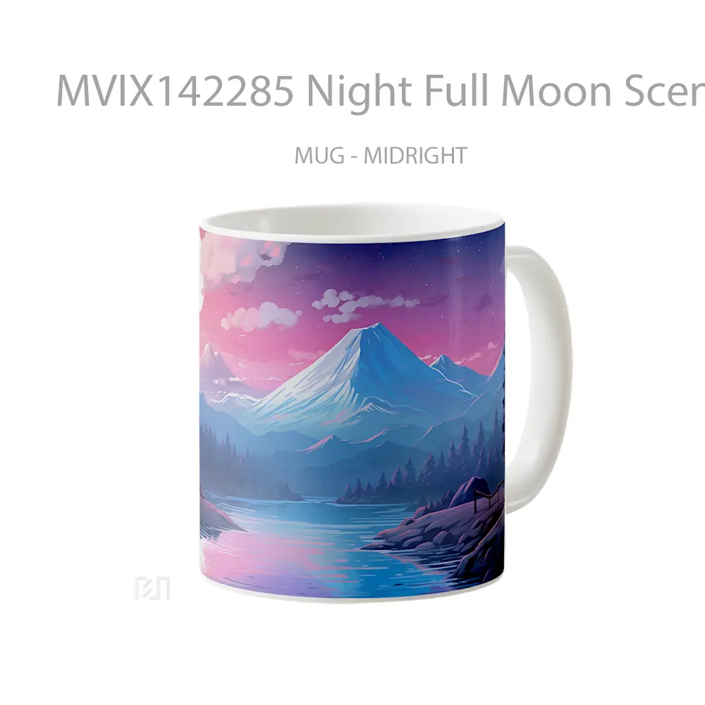 Mug Night Full Moon Scenery River Snowy Mountain Gelas Pemandangan Alam - All-side / Desain