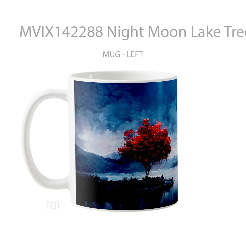 Mug Night Moon Lake Tree Mountain Clouds Scenery Digital Art Gelas Pemandangan Alam - All-side / Desain