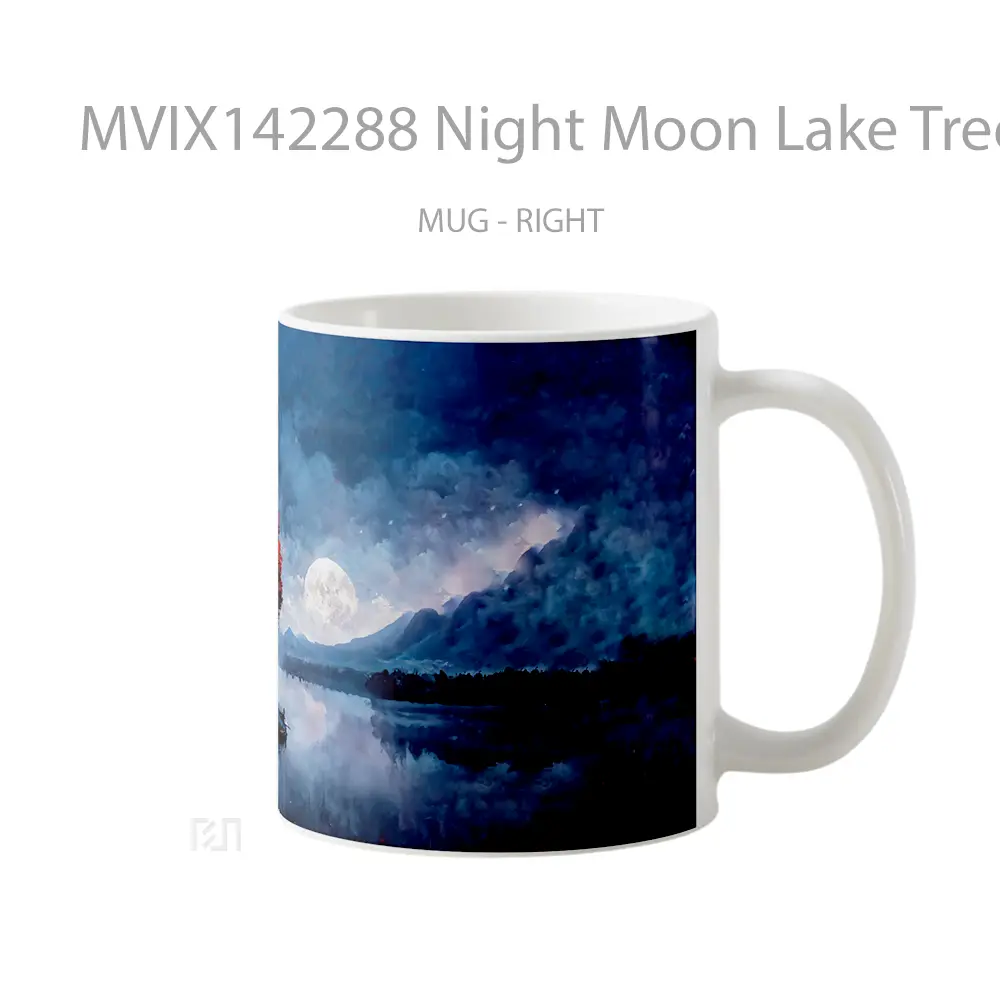 Mug Night Moon Lake Tree Mountain Clouds Scenery Digital Art Gelas Pemandangan Alam - All-side / Desain