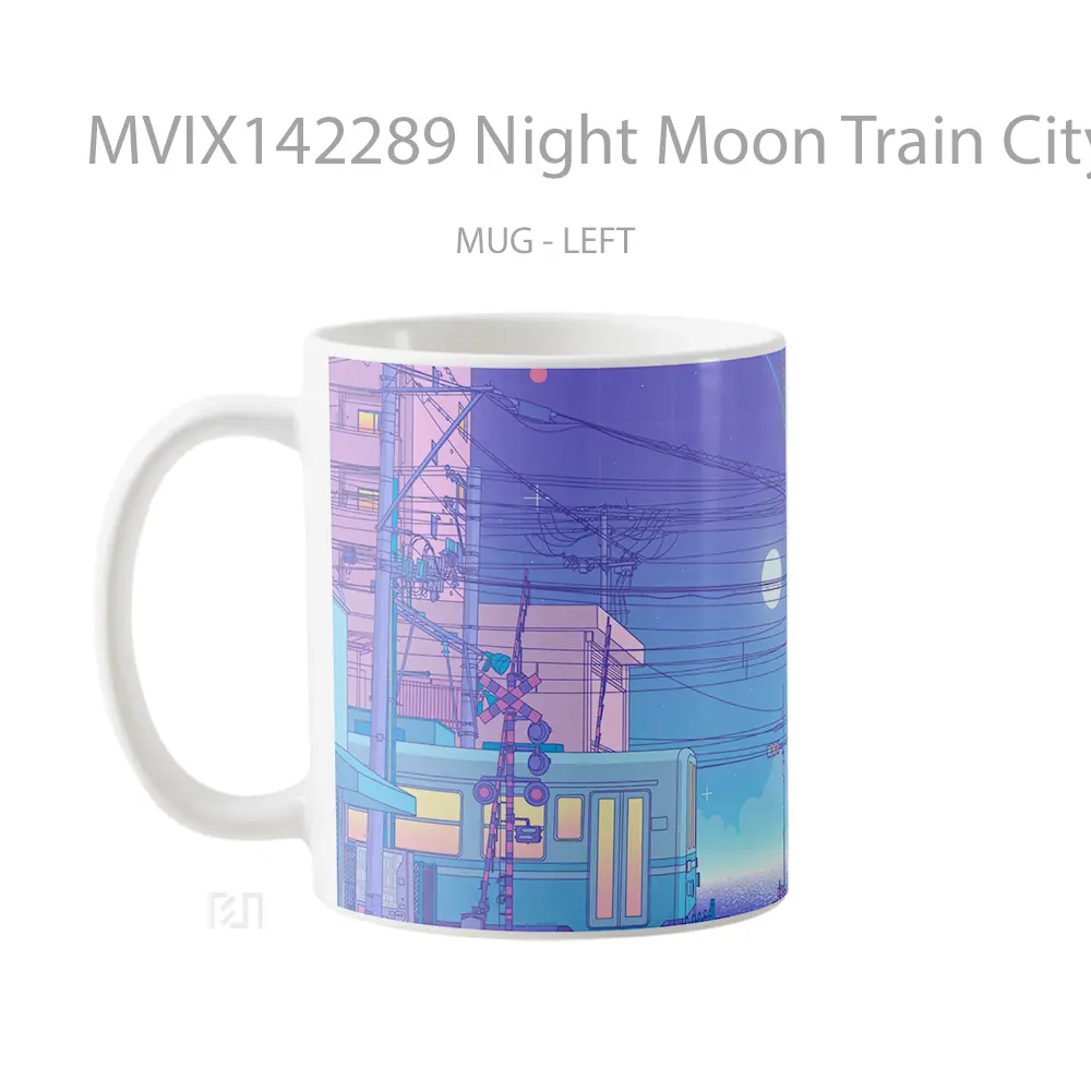 Mug Night Moon Train City Digital Ar Gelas Keramik Unik - All-side / Desain