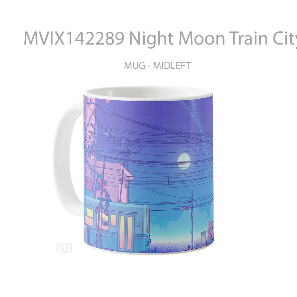 Mug Night Moon Train City Digital Ar Gelas Keramik Unik - All-side / Desain