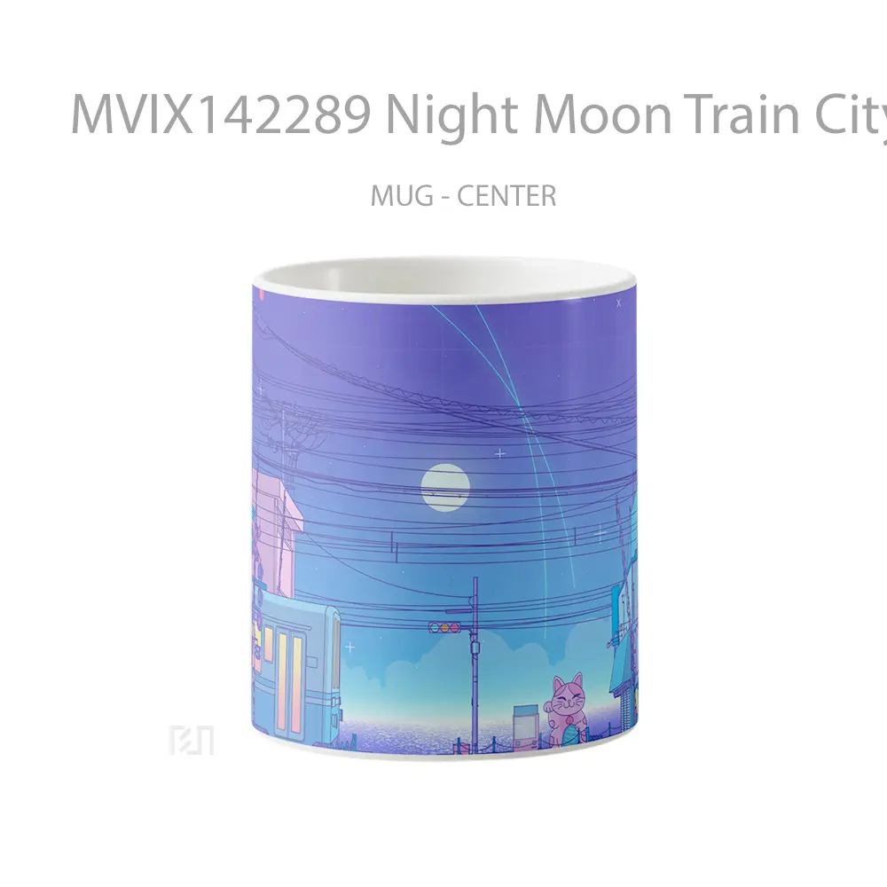 Mug Night Moon Train City Digital Ar Gelas Keramik Unik