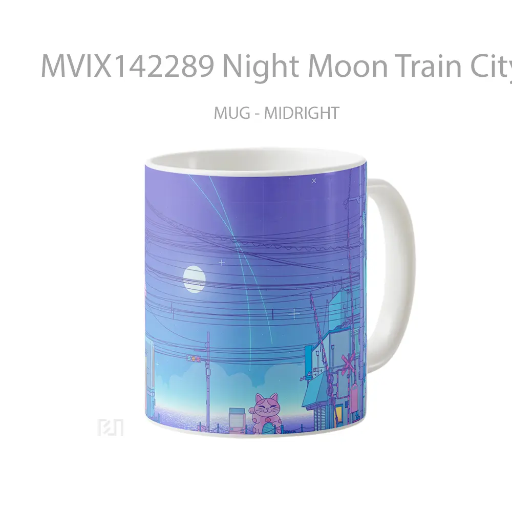 Mug Night Moon Train City Digital Ar Gelas Keramik Unik - All-side / Desain