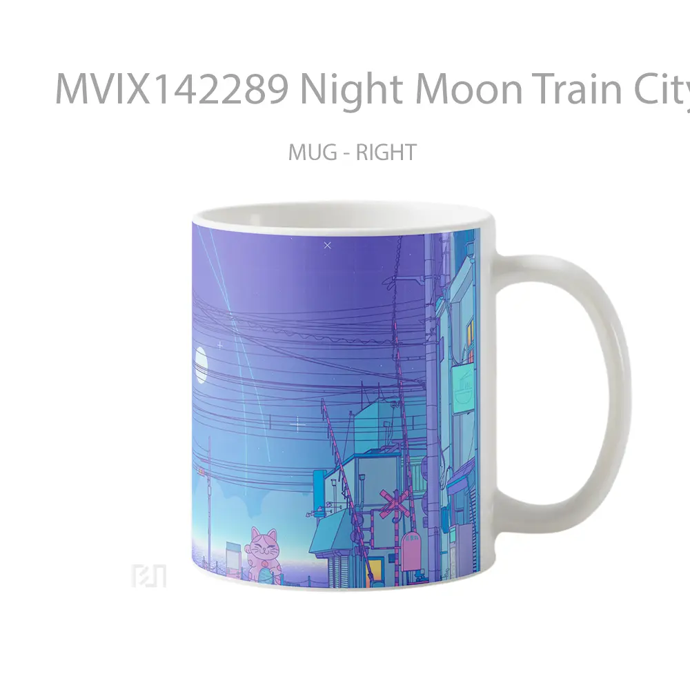 Mug Night Moon Train City Digital Ar Gelas Keramik Unik - All-side / Desain