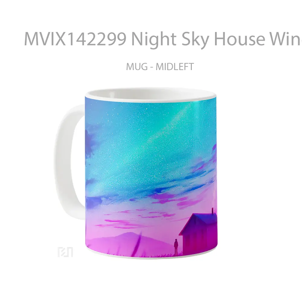 Mug Night Sky House Windmill Scenery Digital Art Gelas Pemandangan Alam - All-side / Desain