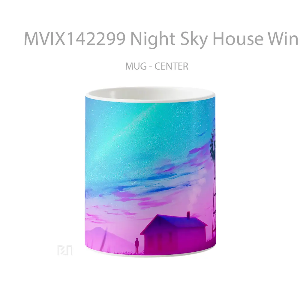 Mug Night Sky House Windmill Scenery Digital Art Gelas Pemandangan Alam