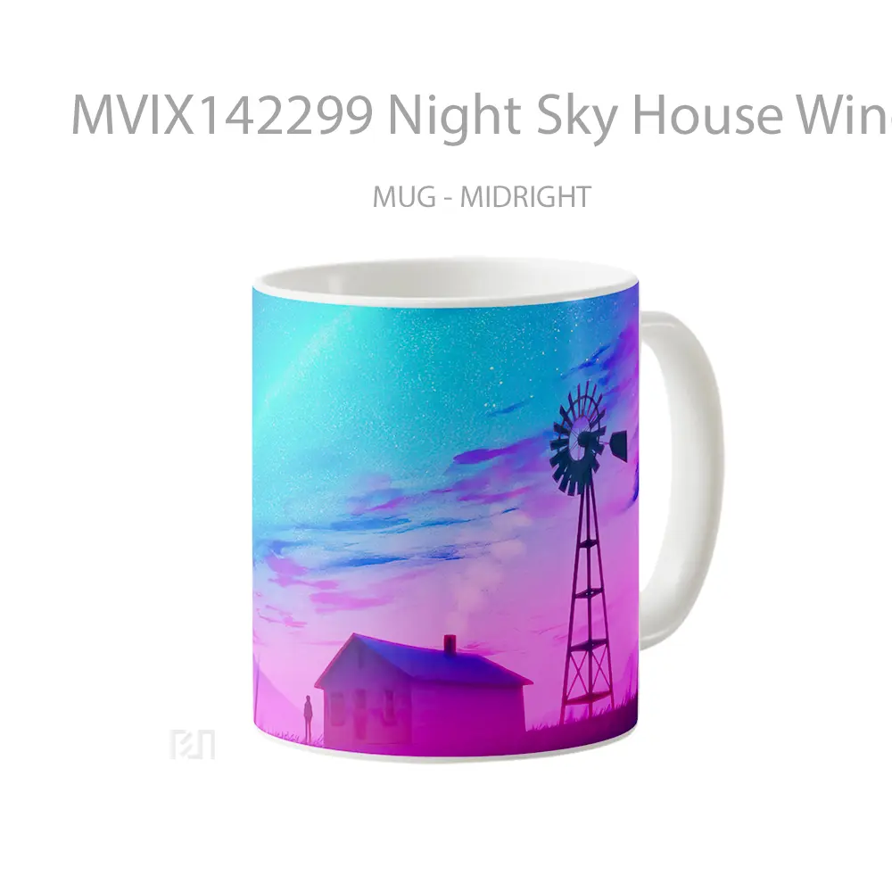 Mug Night Sky House Windmill Scenery Digital Art Gelas Pemandangan Alam - All-side / Desain