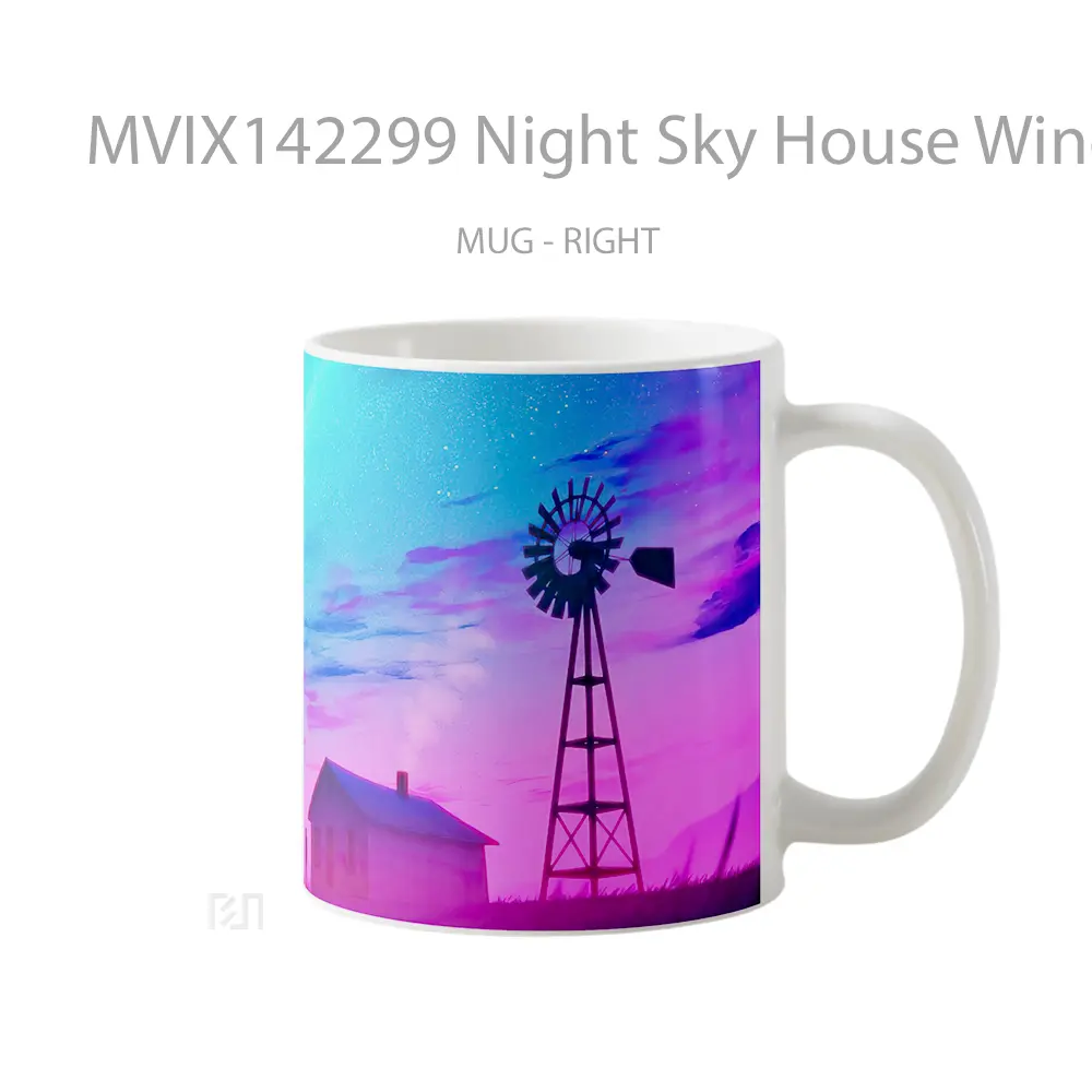 Mug Night Sky House Windmill Scenery Digital Art Gelas Pemandangan Alam - All-side / Desain