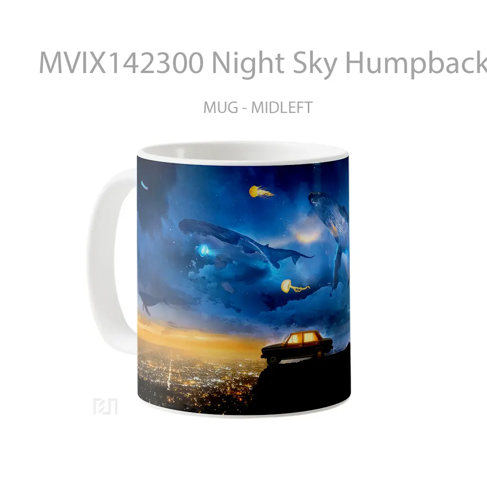 Mug Night Sky Humpback Whale Flying Fantasy Digital Art Gelas Pemandangan Alam - All-side / Desain