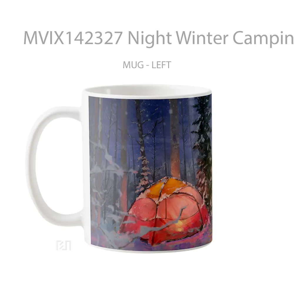 Mug Night Winter Camping Bonfire Tent Snow Forest Scenery Gelas Pemandangan Alam - All-side / Desain