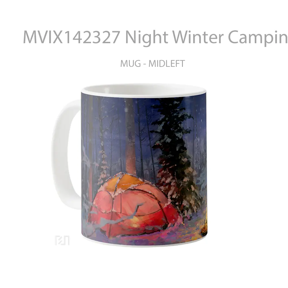 Mug Night Winter Camping Bonfire Tent Snow Forest Scenery Gelas Pemandangan Alam - All-side / Desain