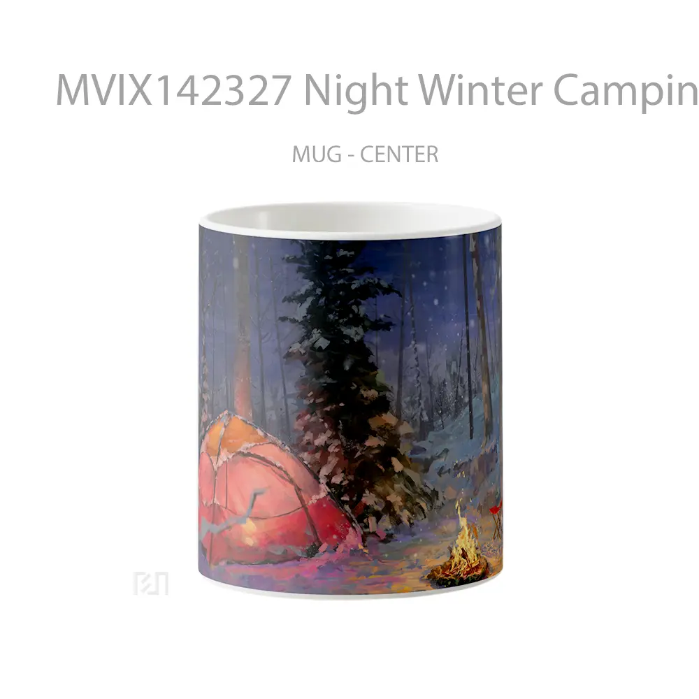 Mug Night Winter Camping Bonfire Tent Snow Forest Scenery Gelas Pemandangan Alam