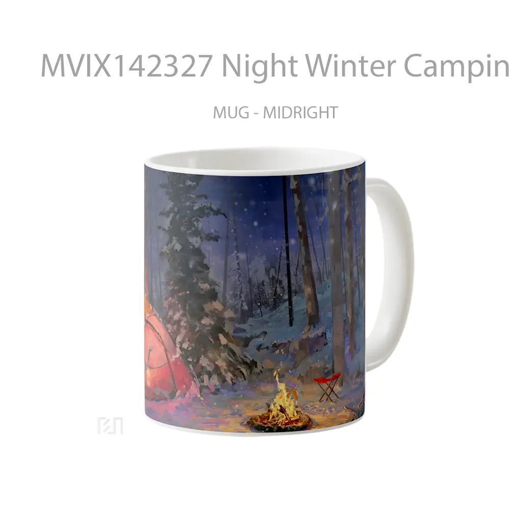 Mug Night Winter Camping Bonfire Tent Snow Forest Scenery Gelas Pemandangan Alam - All-side / Desain