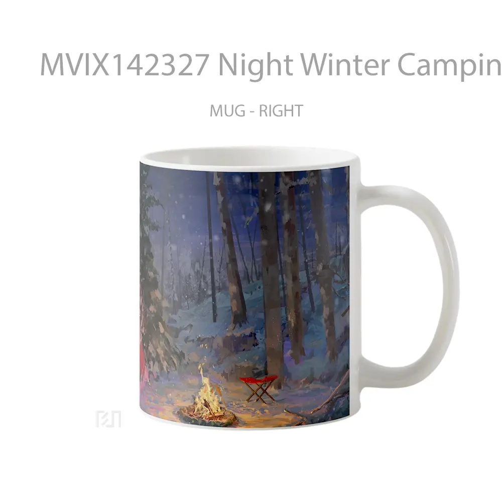 Mug Night Winter Camping Bonfire Tent Snow Forest Scenery Gelas Pemandangan Alam - All-side / Desain