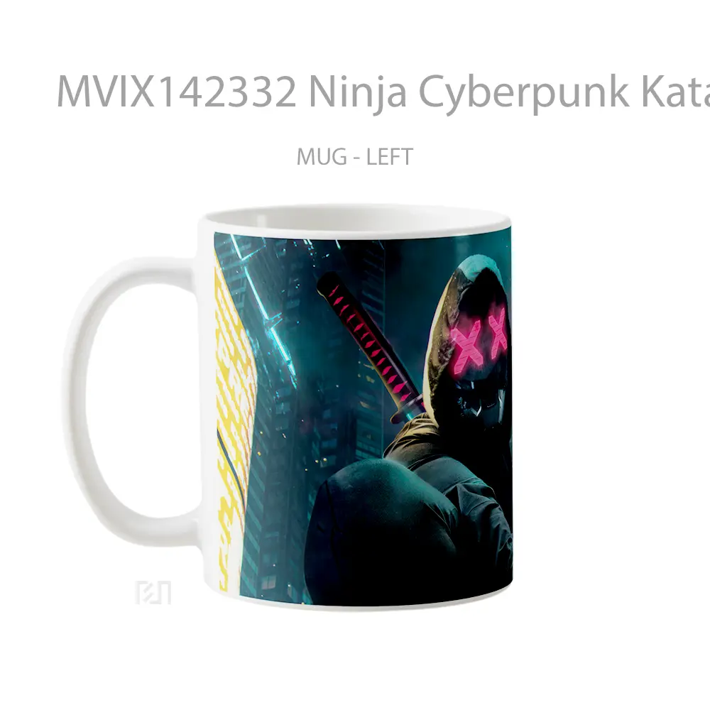 Mug Ninja Cyberpunk Katana Mask Digital Art Gelas Keramik Unik - All-side / Desain