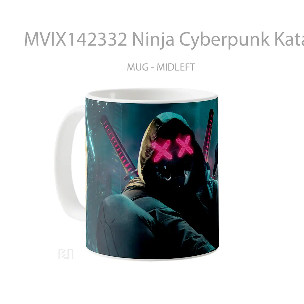 Mug Ninja Cyberpunk Katana Mask Digital Art Gelas Keramik Unik - All-side / Desain