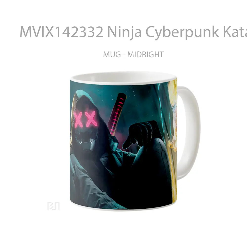 Mug Ninja Cyberpunk Katana Mask Digital Art Gelas Keramik Unik - All-side / Desain