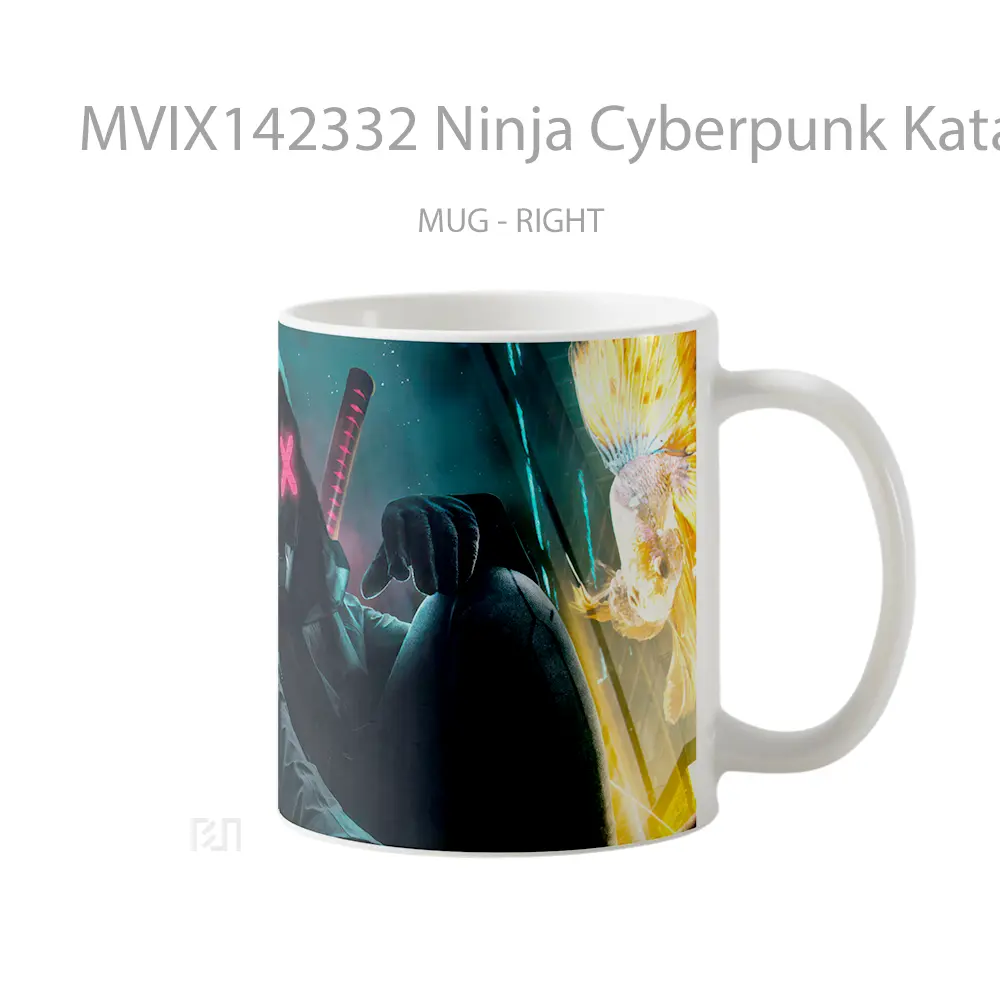 Mug Ninja Cyberpunk Katana Mask Digital Art Gelas Keramik Unik - All-side / Desain