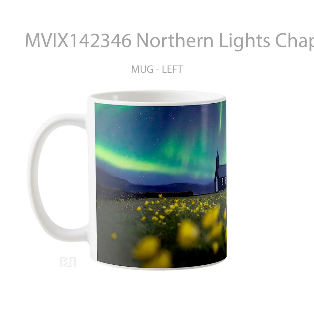 Mug Northern Lights Chapel Flower Field Scenery Gelas Keramik Unik - All-side / Desain