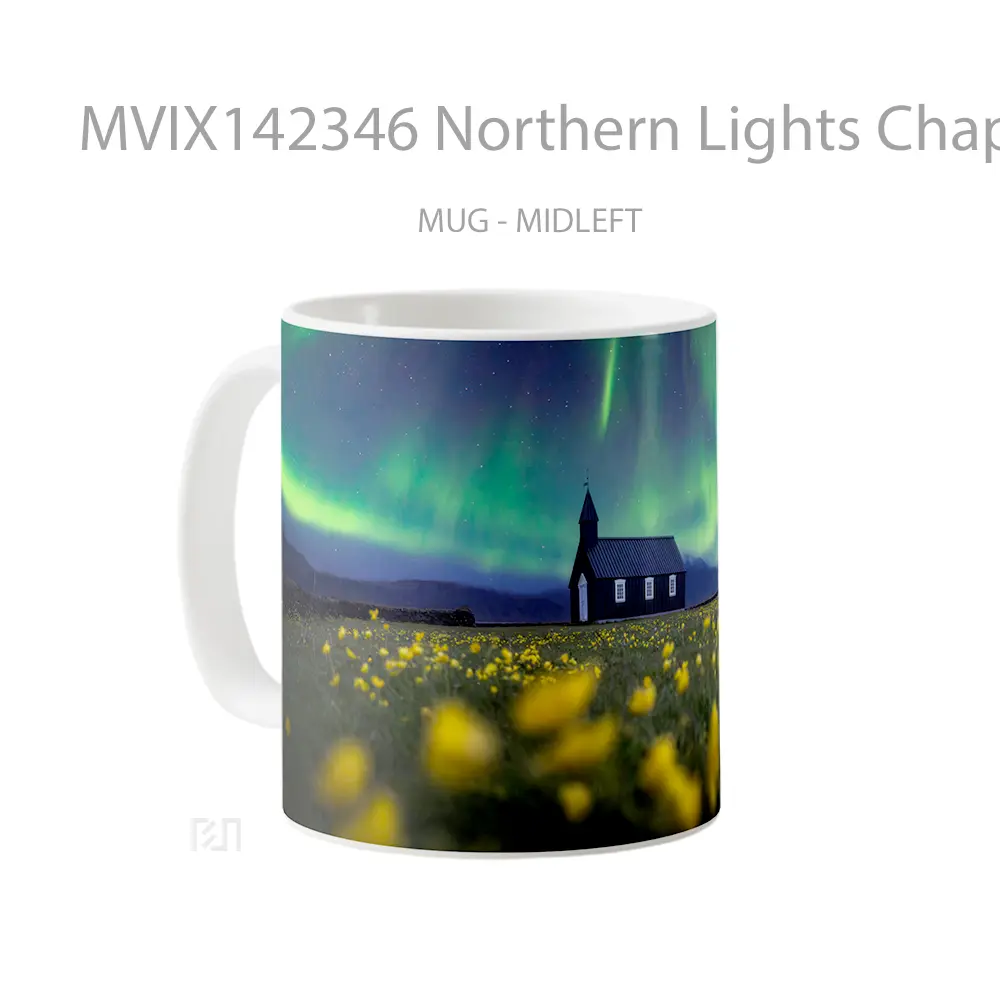 Mug Northern Lights Chapel Flower Field Scenery Gelas Keramik Unik - All-side / Desain