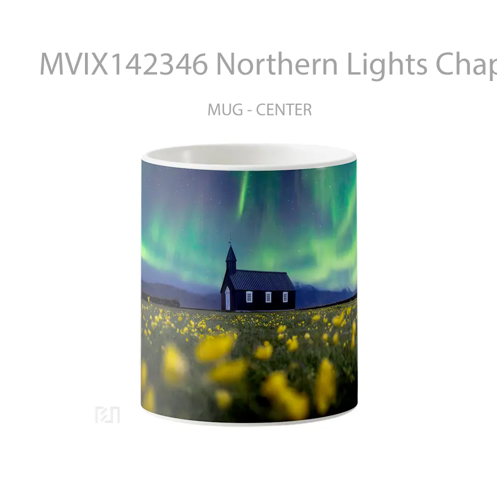 Mug Northern Lights Chapel Flower Field Scenery Gelas Keramik Unik