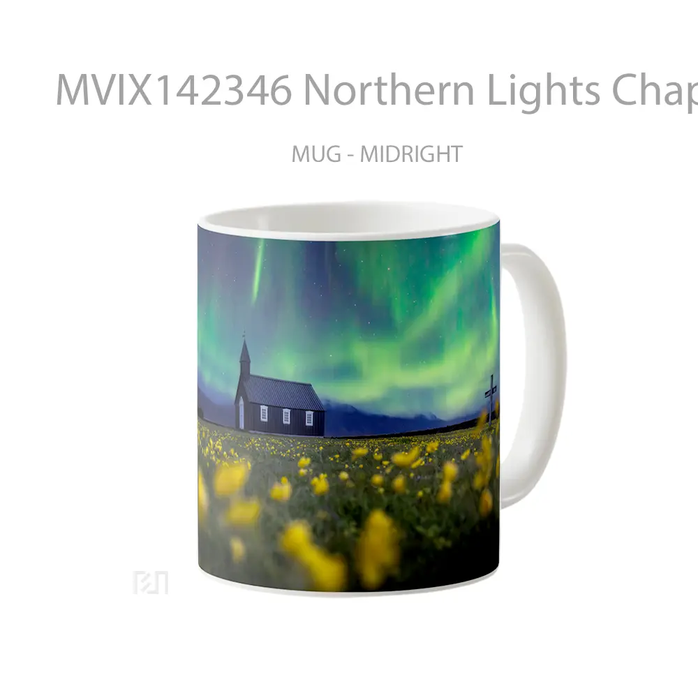 Mug Northern Lights Chapel Flower Field Scenery Gelas Keramik Unik - All-side / Desain